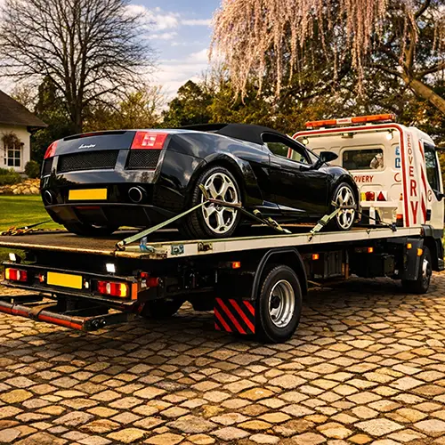 Luxury sports car being loaded onto flatbed recovery truck