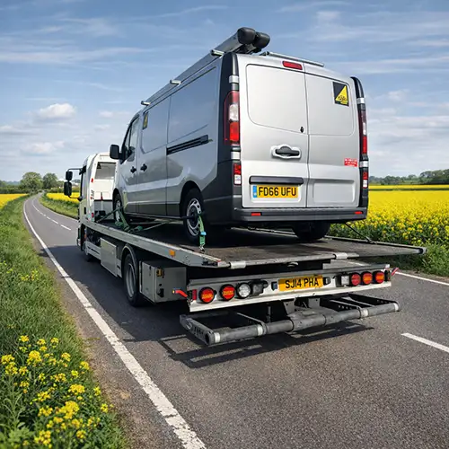 Transit van being recovered on a London road
